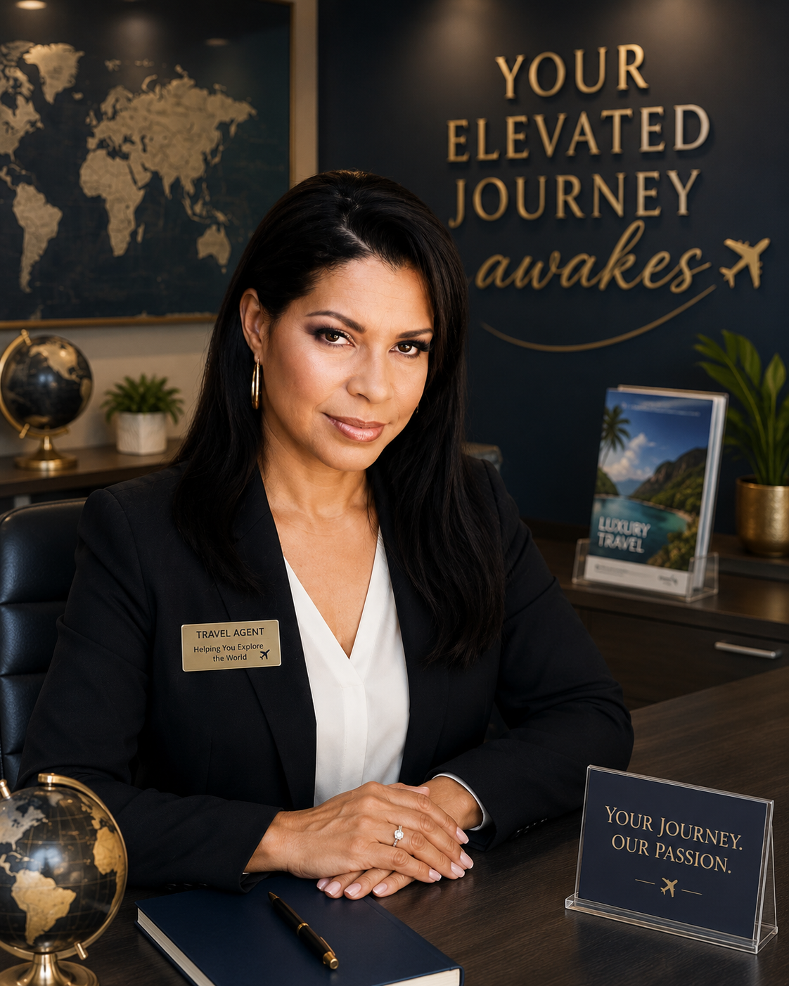 Elegant business owner in a luxury office with laptop and coffee