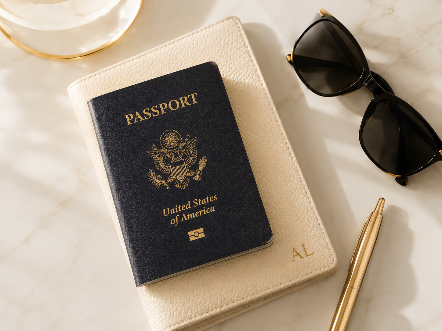 Luxury travel flat lay with passport, sunglasses, and gold accents